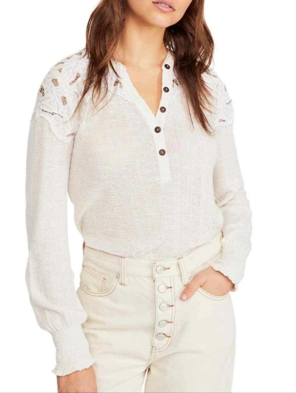 Free People Easy Breezy‎ Henley Top Cream Button Long Sleeve Lace Shoulders
